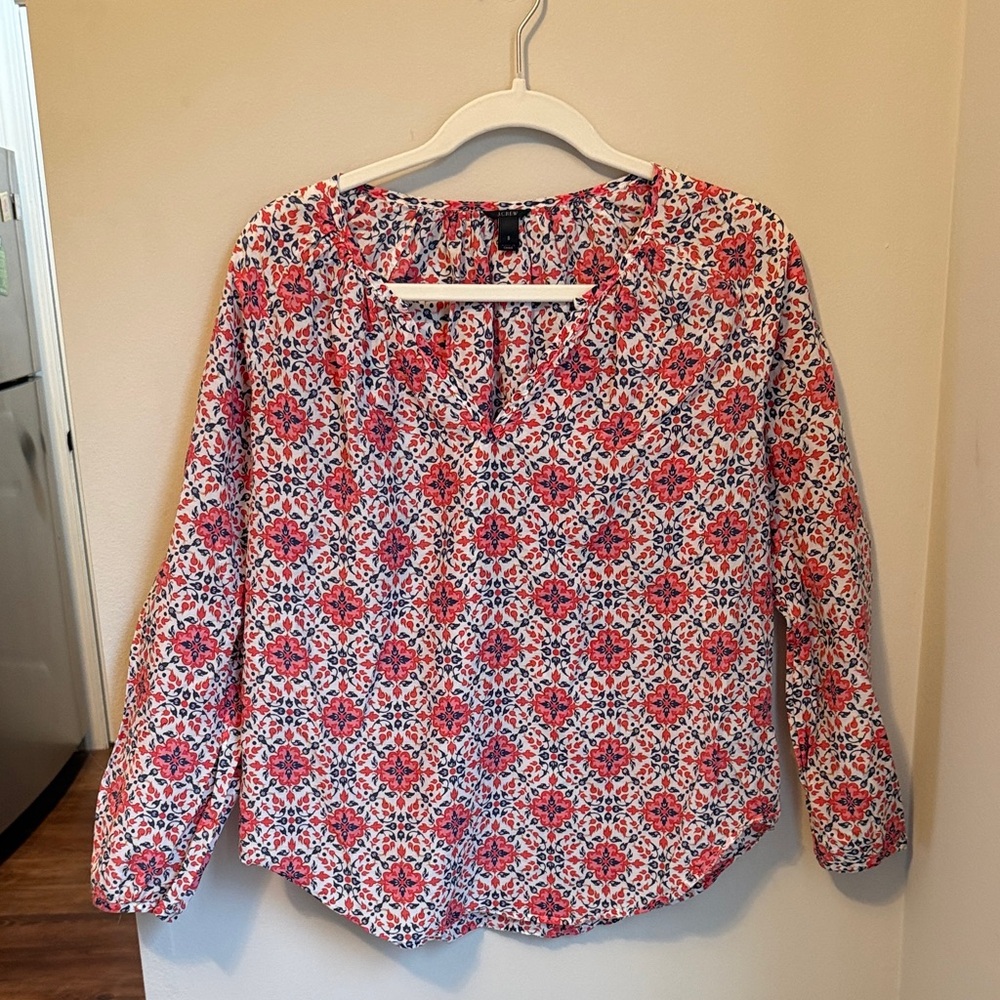 J. Crew Pink Floral Long-Sleeve Popover Blouse
